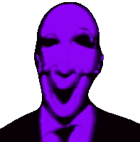 a purple man in a suit and tie is making a funny face with his hand on his chin .