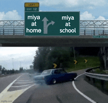 a green highway sign that says miya at home and miya at school