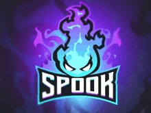 a logo for a video game team called spook with a blue and purple flame .