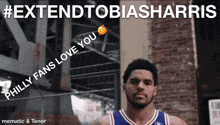 a basketball player is standing in front of a brick wall and a sign that says #extendtobiasharris