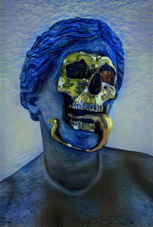 a painting of a statue with a skull on it