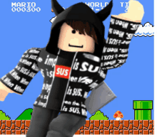 a video game character with a hoodie that says ' imd is sus '