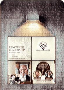 a poster for renowned leadership and renowned podcast is on a brick wall