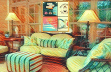 a painting of a living room with a couch and chairs with a sign above it that says ' florida '