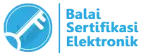 a blue logo for balai sertifikasi elektronik with a key in the center