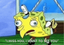 a cartoon of spongebob squarepants says `` i miss you , i want to see you '' .