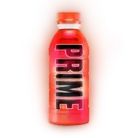 a bottle of orange prime hydration drink against a white background