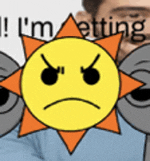 a cartoon sun with an angry face and the words i 'm meeting in the background