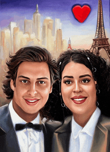 a painting of a man and woman with the eiffel tower behind them