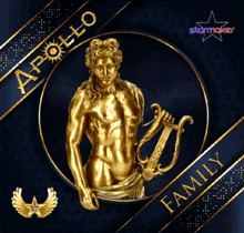 a gold statue of a man holding a harp with the words apollo family below him