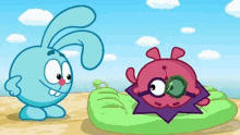 two cartoon characters are standing next to each other on a beach . one of the cartoon characters is wearing goggles .