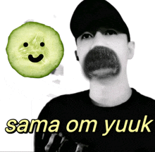 a black and white photo of a man with a mustache and a cucumber with a face on it