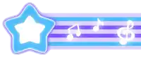 a purple and blue striped background with music notes and a star