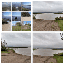 a collage of four pictures of a body of water with a cloudy sky