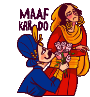 a cartoon of a man giving flowers to a woman with the words maaf kar do written above