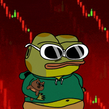 a frog wearing sunglasses is holding a teddy bear in front of a stock chart