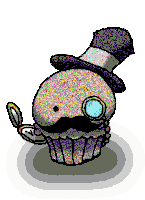 a pixel art of a cupcake wearing a top hat and a magnifying glass