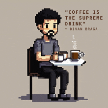 a pixel art of a man sitting at a table with two cups of coffee