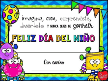 a greeting card for feliz dia del niño in spanish with cartoon monsters and a balloon .