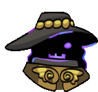 a cartoon drawing of a person wearing a black hat and a purple face .