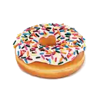 a donut with white frosting and sprinkles has a heart shaped hole in the middle