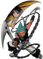 a cartoon character with a blue star on his head is holding a scythe and chains