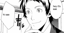 a black and white image of a man with a speech bubble that says hey it 's sae