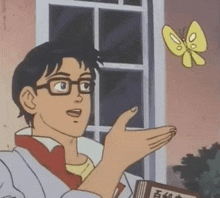 a cartoon man with glasses is holding a book and a butterfly is flying in the air .