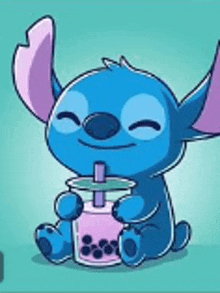 stitch is drinking a drink through a straw from a cup .