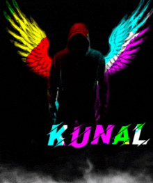 a man in a hoodie with colorful wings and the name kunal on the bottom