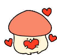 a cartoon mushroom is holding a heart in its mouth surrounded by hearts .