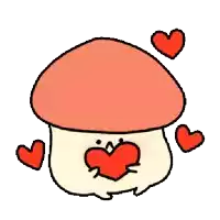 a cartoon mushroom is holding a heart in its mouth surrounded by hearts .