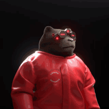 a bear wearing a red jacket that says crypto