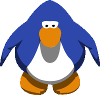 a blue and white penguin with an orange beak and eyes