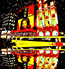 a painting of a city at night with a yellow bus and a billboard with a picture of a woman on it