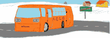 a cartoon drawing of an orange bus with the word lelo on the side