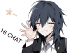 a girl with long black hair is waving her hand with a sticker that says hi chat .