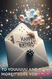 an envelope with balloons and a card that says happy birthday on it