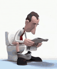 a cartoon man is sitting on a toilet reading a newspaper while holding a gun .