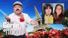 a man and two women are standing in front of a picture of the eiffel tower .