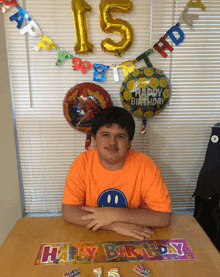 a boy in an orange shirt sits at a table with balloons and a banner that says happy birthday