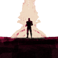 a silhouette of a man standing in front of a bloody pyramid