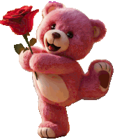 a pink teddy bear holding a red rose