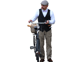 a man in a bow tie is standing next to a bicycle