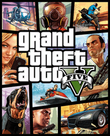 a poster for grand theft auto 5 shows a helicopter a dog a man on a motorcycle and a woman on a phone