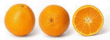 three oranges are sitting next to each other on a white background . one of the oranges is cut in half .