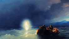 a painting of a group of people in a boat with jesus coming out of the water