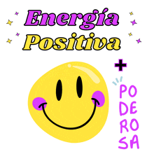 a yellow smiley face with purple cheeks and the words energia positiva above it