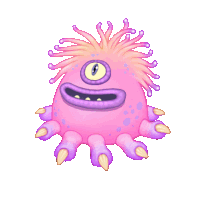 a pink and purple cartoon character with a yellow eye