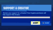 a screen that says support a creator and a button to accept